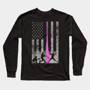 Pink Bat Baseball Flag Baseball Breast Cancer Awareness Long Sleeve T-Shirt